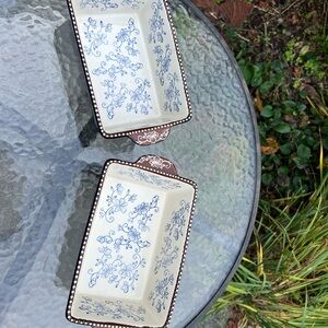 Blue Floral Lace Rectangular Ceramic Loaf Serving Pans- Set of 2